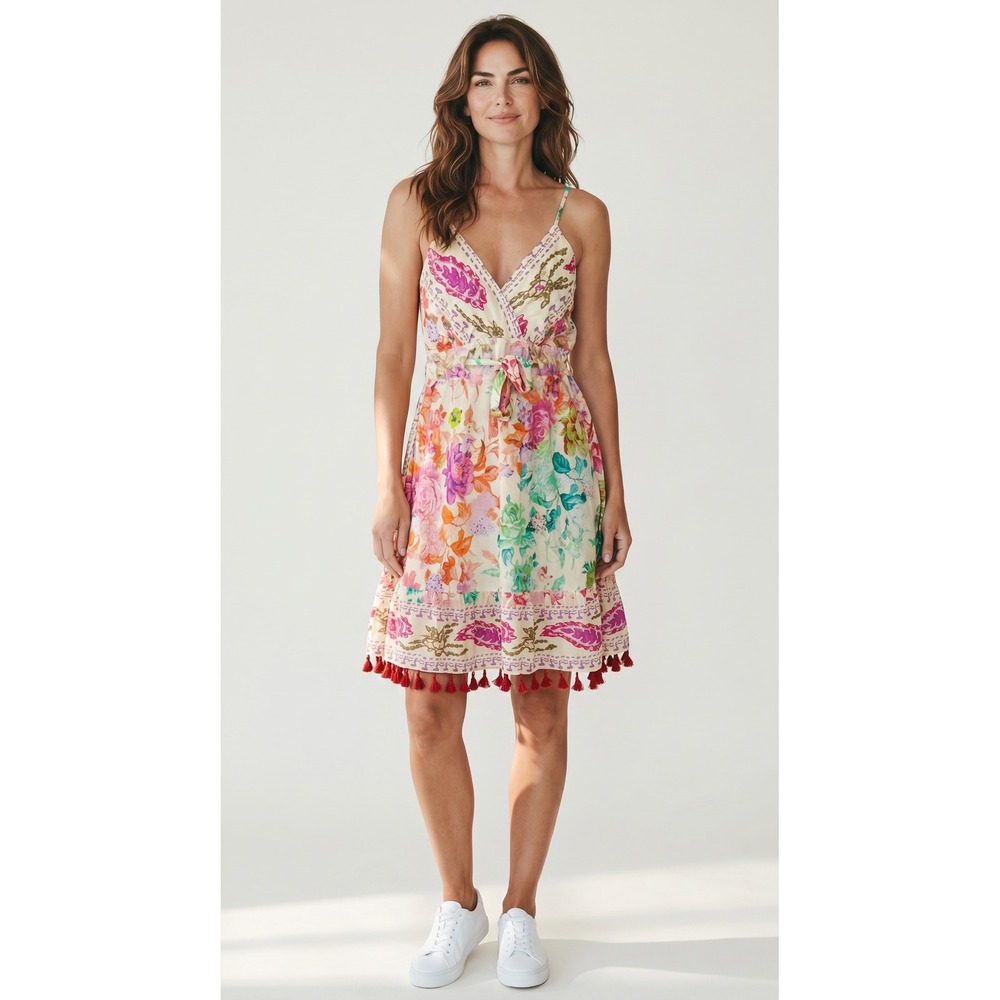 POL Floral Tassel Hem Midi Dress Womens Small V-Neck Boho Summer Sun Dress